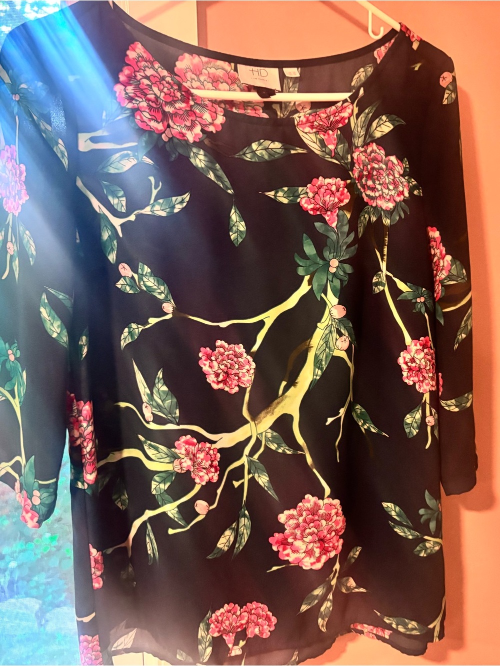 HD in Paris Black Floral Blouse with Pink Flowers and Green Leaves